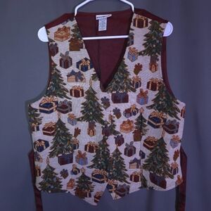 Vintage White Stag Christmas Tapestry Vest Size XL Christmas Tree‎ Presents